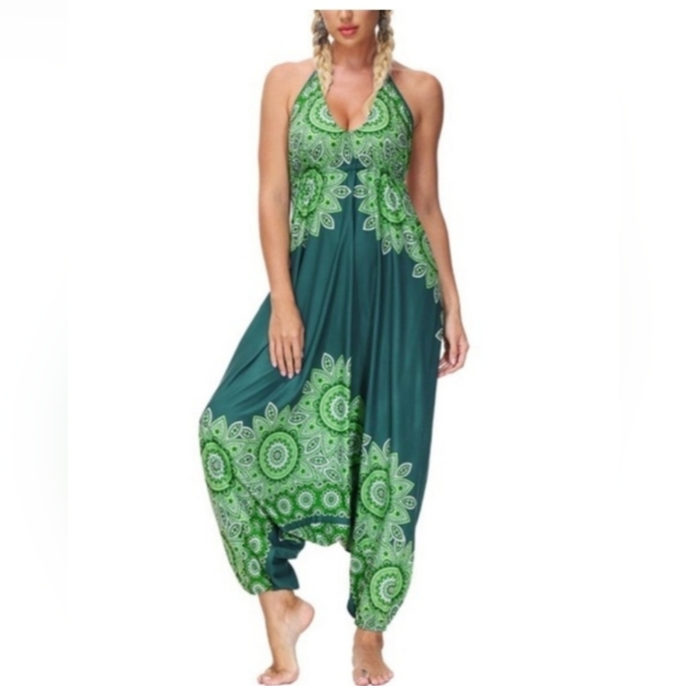 Harem Romper One Size Green Jumpsuit Halter Long Pant Casual Backless Boho